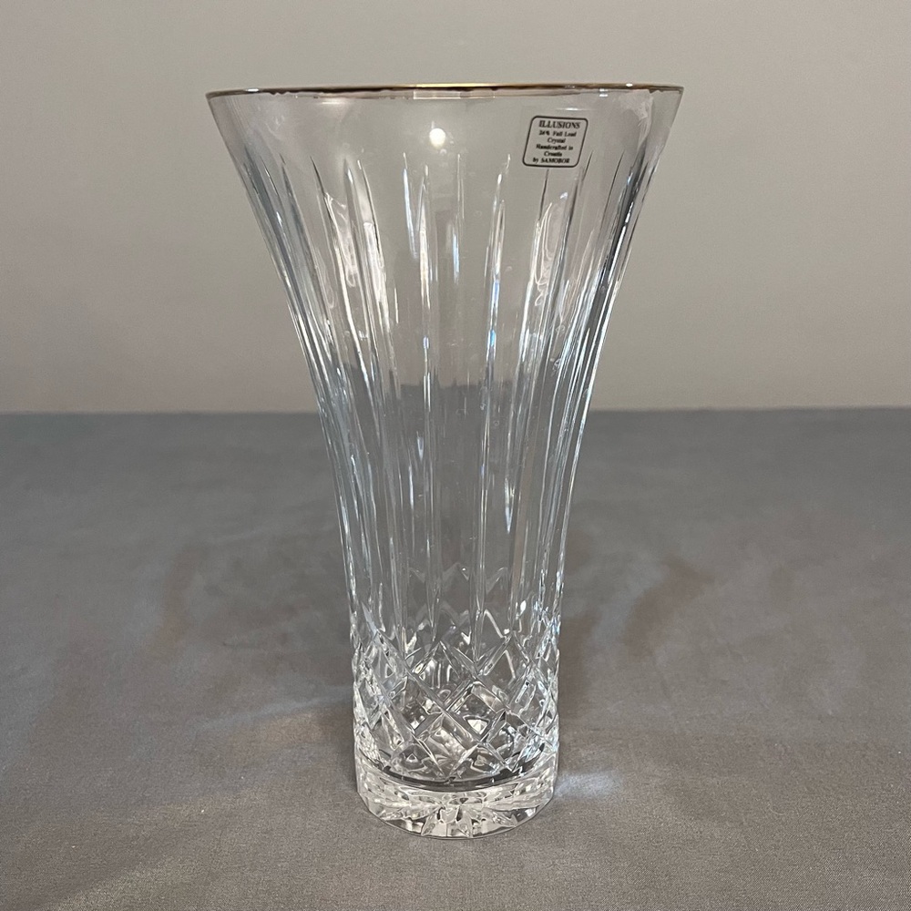 VTG Illusions By Samobor 24% Full Lead Crystal Vase W/ Gold Rim 9”